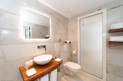 a bathroom with a sink and a toilet and a mirror at VILLA ANGEL ROCK in Saint Barthelemy