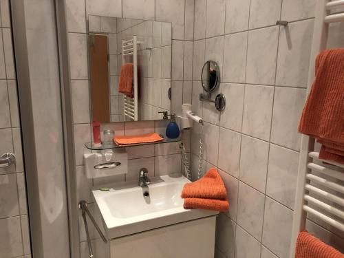 a bathroom with a sink and a mirror at Ferienhaus Schöner Maarblick in Schalkenmehren