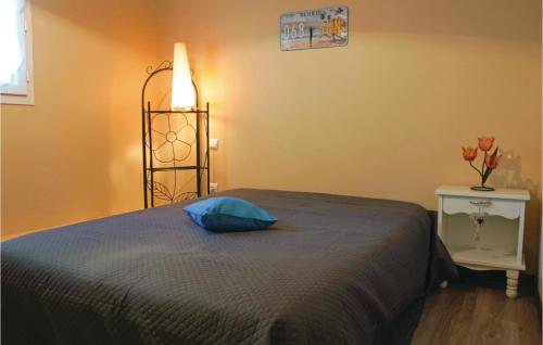 a bedroom with a bed with a blue pillow and a lamp at Nice Home In Lavardac With 4 Bedrooms And Wifi in Lavardac