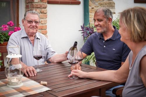 two men and a woman sitting at a table with wine glasses at Winzerhof Agerlhof in Jois