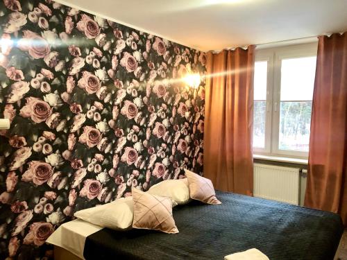 a bedroom with a wall covered in roses at Sosnowe Zacisze in Białystok