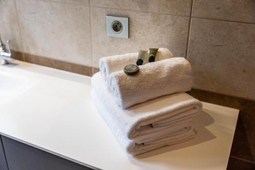 a bathroom with a pile of towels on a sink at Hotel Ô Château in Hayange