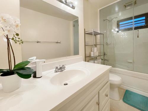 a white bathroom with a sink and a toilet at @ Marbella Lane - 3BR Stylish House near SF in Daly City