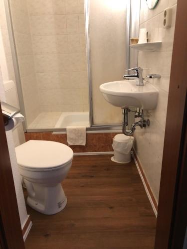 a bathroom with a toilet and a sink and a shower at Hotel Galleria in Munich