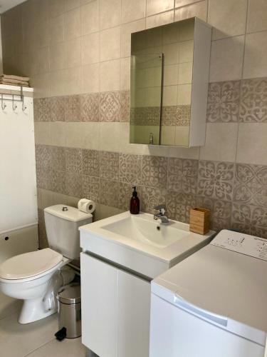 une salle de bain avec un lavabo blanc et des toilettes dans l'établissement Expérience Malouine - Appt T3-Coeur de Malo-Plage, à Dunkerque