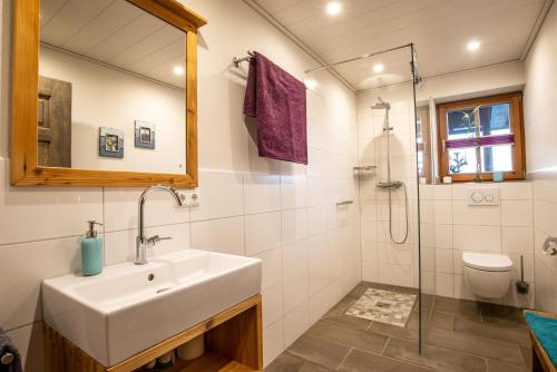 a bathroom with a sink and a shower at Haus Heufelder in Bad Heilbrunn