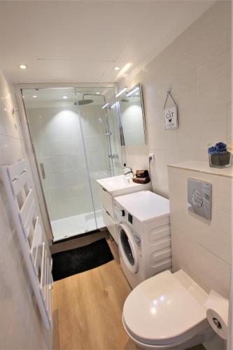 La salle de bains est pourvue d'un lavabo et d'une douche. dans l'établissement Appartement climatisé bord de mer Palm beach avec grande terrasse, à Cannes