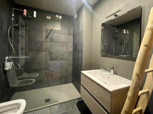 a bathroom with a sink and a shower and a toilet at Alpi Azzurre in Limone Piemonte