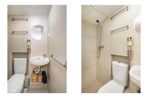 2 Bilder eines Badezimmers mit WC und Waschbecken in der Unterkunft WHome Martim Moniz Central Studio in Lissabon