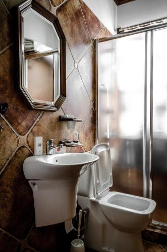 a bathroom with a toilet and a sink and a mirror at Hani i Xheblatit in Berat