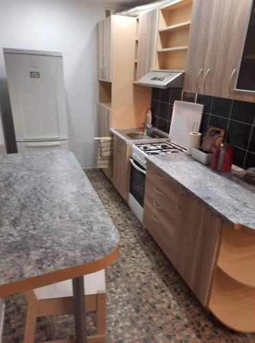 a kitchen with a stove and a counter top at Maironio Apartamentai in Radviliškis