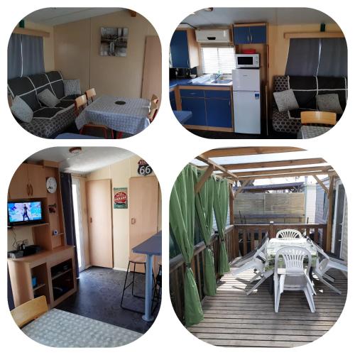 4 photos d'une cuisine et d'un salon dans l'établissement charmant mobil home, au Grau-dʼAgde