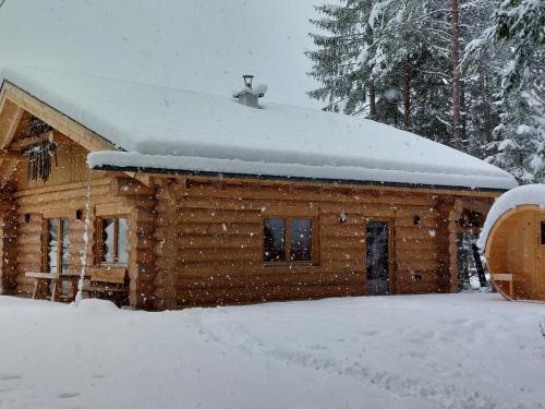 a log cabin with snow on the roof at Apart Lechtraum in Stanzach
