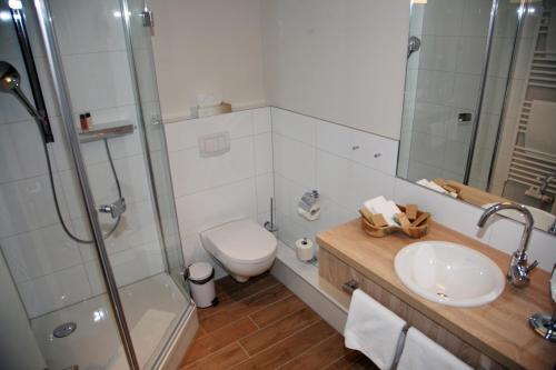 
a bathroom with a toilet, sink, and shower at Hotel Alter Kornspeicher in Neustrelitz
