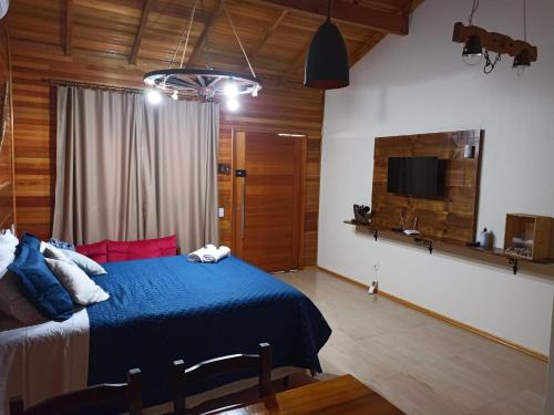 a bedroom with a blue bed and a television at Aconchego da Serra Geminados in São Joaquim