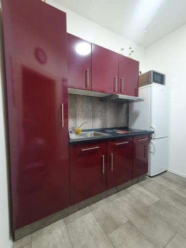 eine Küche mit roten Schränken und einem weißen Kühlschrank in der Unterkunft Im Kuckucksnest in Chemnitz