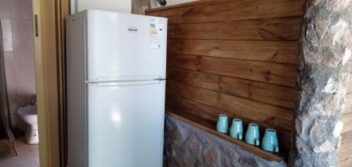 a white refrigerator in a kitchen with a wooden wall at Cabañas La Rústica in Bialet Massé