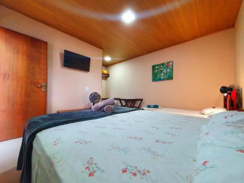 a bedroom with a bed with a teddy bear on it at Pássaros do Cerrado Suítes in Alto Paraíso de Goiás