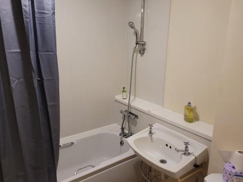 a white bathroom with a sink and a shower at Marvellous Meridian Maisonette in Ifield