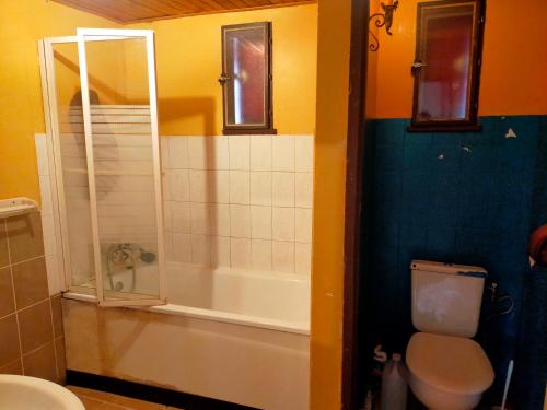 une salle de bain avec toilettes, baignoire et lavabo dans l'établissement Gîte au pays des lavandes, à Aurel