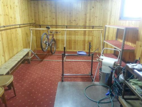 a bike parked in a room with wooden walls at Hotel Nordik in Santa Caterina Valfurva