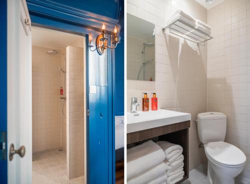 two pictures of a bathroom with a toilet and a sink at De Olde Signorie in Leeuwarden