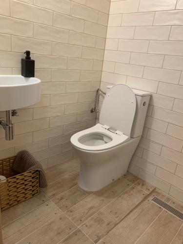 a bathroom with a white toilet and a sink at Horská chalupa U Hančilů in Pec pod Sněžkou