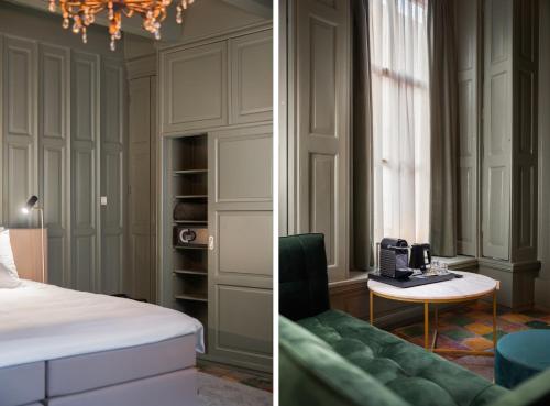 two pictures of a room with a bed and a table at De Olde Signorie in Leeuwarden