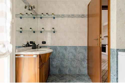y baño con lavabo y ducha. en Tra natura e città - appartamento con giardino, en Costa Masnaga
