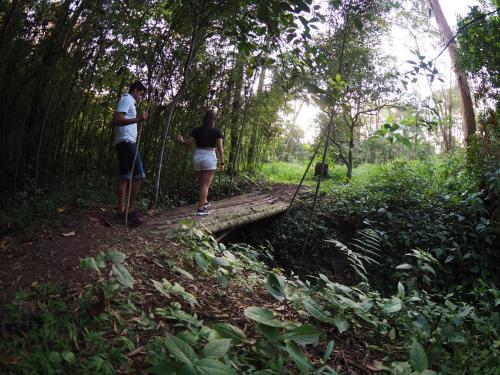 2 personnes marchant sur un pont en bois dans une forêt dans l'établissement Refugio los naranjales, à Las Mesitas