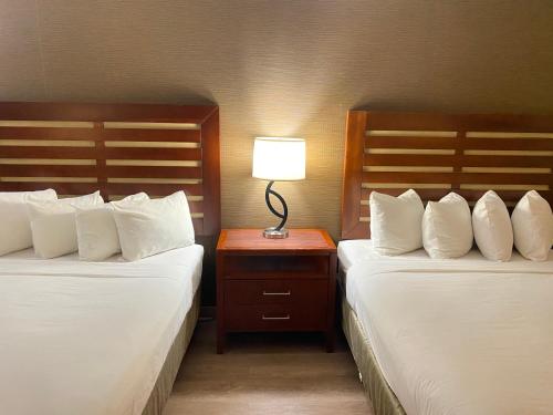 a hotel room with two beds and a lamp on a table at Wyndham Garden Grand Rapids Airport in Grand Rapids