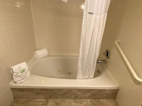 a bathroom with a bath tub with a shower curtain at Wyndham Garden Grand Rapids Airport in Grand Rapids