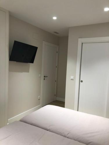 a bedroom with a bed and a flat screen tv at Pensión La Castellana in Logroño