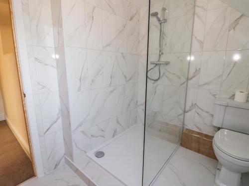 a bathroom with a shower and a toilet at Lea Farm House in Kidderminster