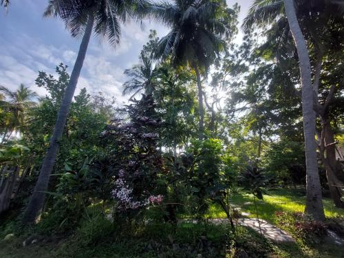 a group of palm trees and flowers in a park at Inn On The Bay in Pasikuda