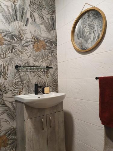 a bathroom with a sink and a mirror at Hacienda Palms in Richards Bay