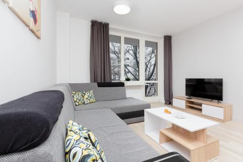 City Center Apartments Hoża by Renters في وارسو: غرفة معيشة مع أريكة وتلفزيون