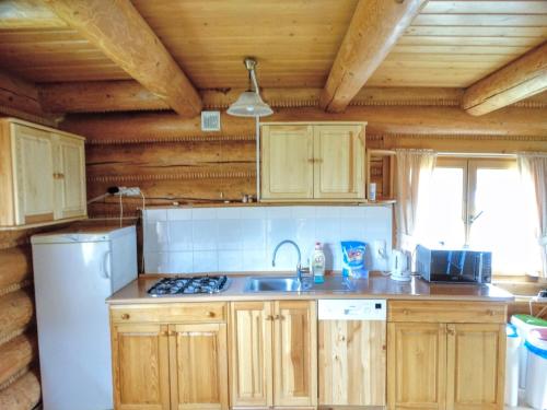 eine Küche mit Holzschränken, einer Spüle und einem Kühlschrank in der Unterkunft Domek Z Bali Góral in Kopalino