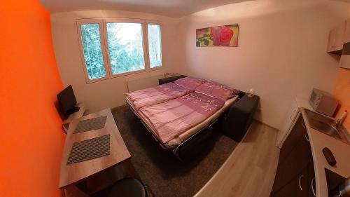 - une petite chambre avec un lit et une fenêtre dans l'établissement Garsonka Hliník, à Třeboň