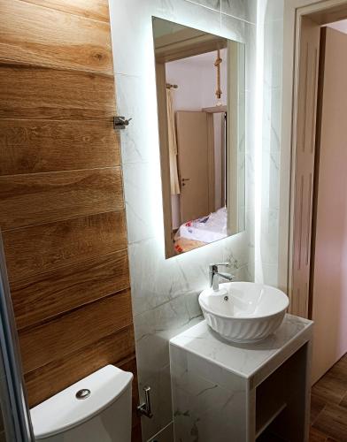 a bathroom with a white sink and a mirror at Lord Complex in Agios Georgios