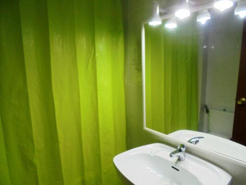 ein grünes Bad mit einem Waschbecken und einem Spiegel in der Unterkunft Europeñiscola Holidays LEK in Benicarló