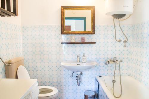 een badkamer met een wastafel, een toilet en een spiegel bij Grajska kmetija in Kočevje
