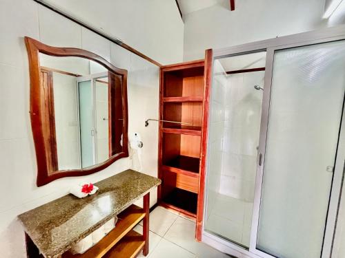 a bathroom with a sink and a mirror at Villa Chez Batista in Takamaka