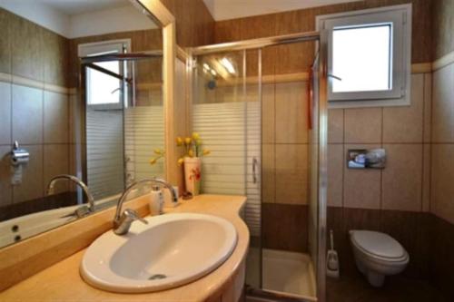 a bathroom with a sink and a shower and a toilet at Villa Alekos in Limenas