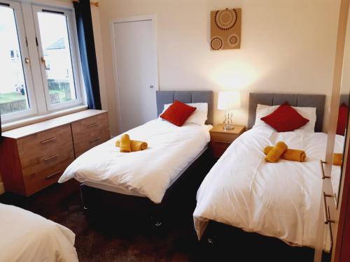 um quarto com duas camas com ursos de peluche em Carvetii - Vincent House - Large 3 bedroom apartment with on-site parking em Fife
