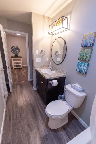 a bathroom with a toilet and a sink at Susitna Suites in Wasilla