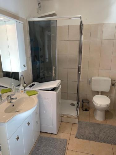 La salle de bains est pourvue d'une douche, d'un lavabo et de toilettes. dans l'établissement Casa Al Fiume Rio Seco, à Moghegno