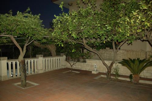 a courtyard with trees and a white fence at Casa Romano - Marina di Modica in Marina di Modica