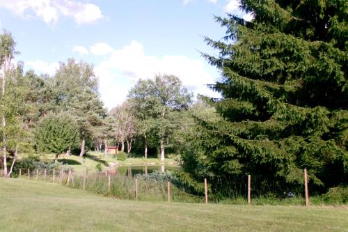 a park with a pond and trees and a fence at Chalet de charme - Le Martinet in Ney