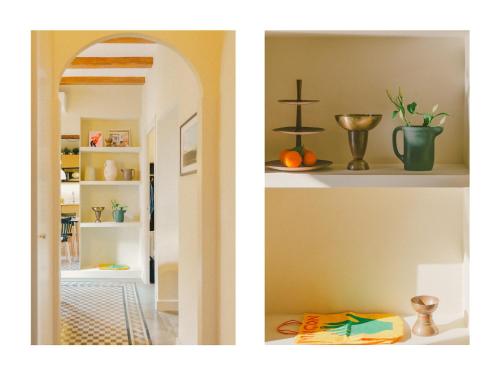 two pictures of a living room and a kitchen at Brummell Apartments Montjuic in Barcelona